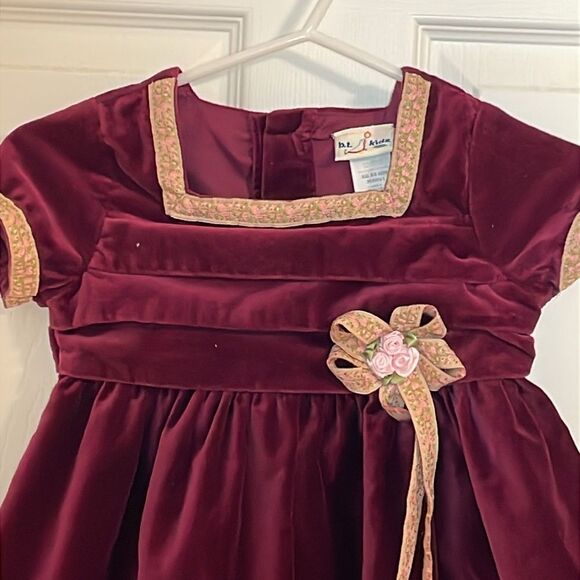 Vintage B.T. Kids Velvet Dress, burgundy, Floral braid, girls 4 - Picture 2 of 8
